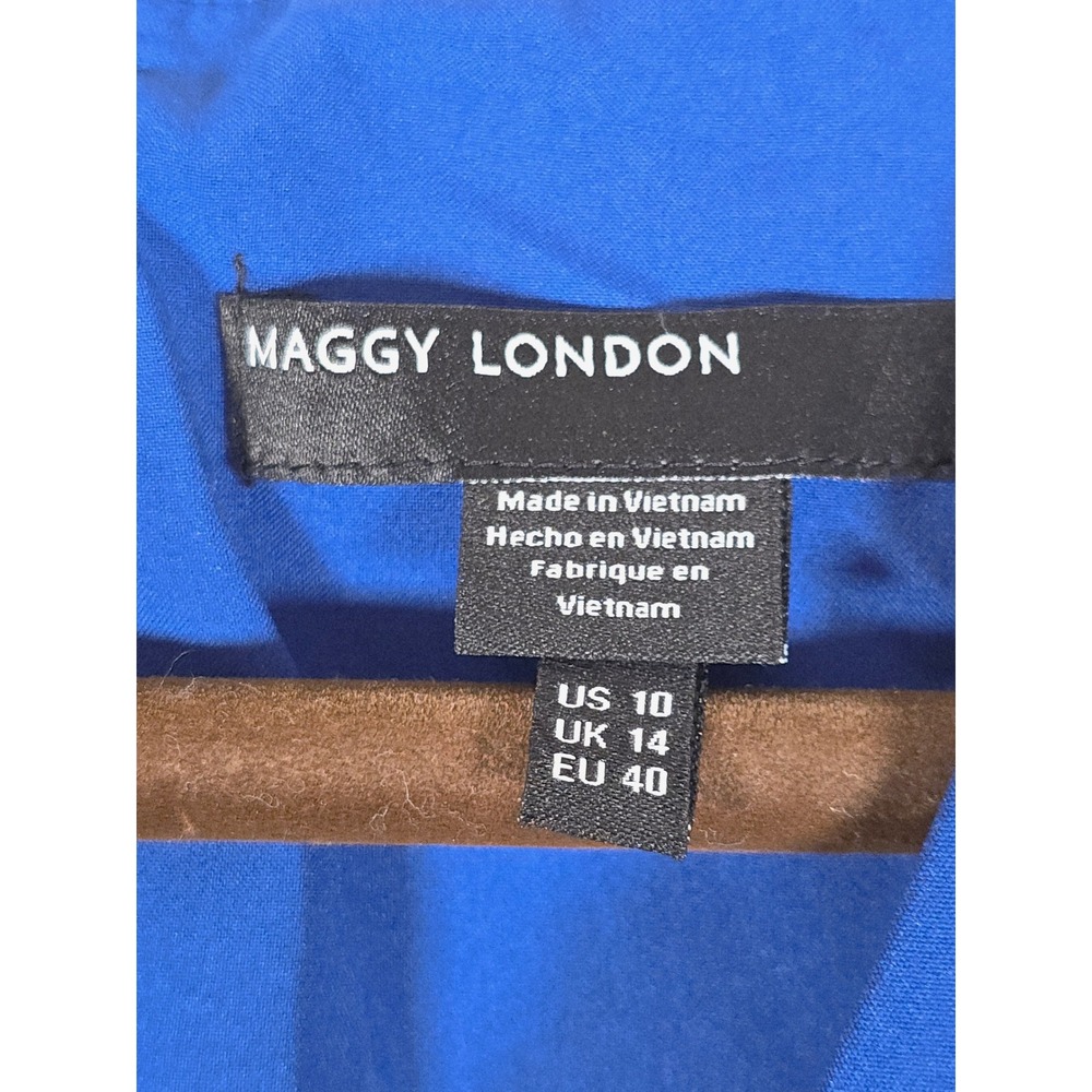 Maggy London Blue Short Sleeve Asymmetrical Ruffle V Neck Dress Size 10 NWT - Picture 2 of 12